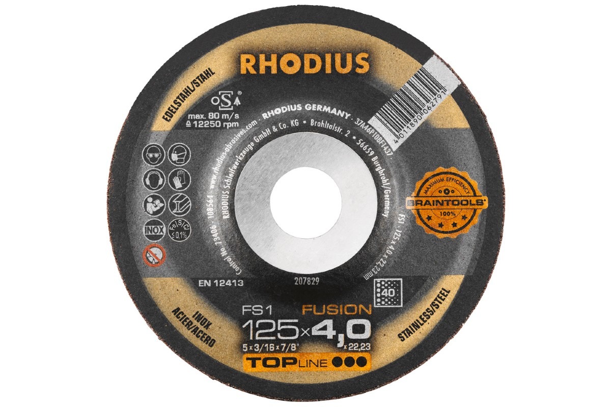 Eine Schruppscheibe mit dem feinen Schleifbild einer Fächerschleifscheibe erhalten Sie mit der RHODIUS FS1 FUSION.